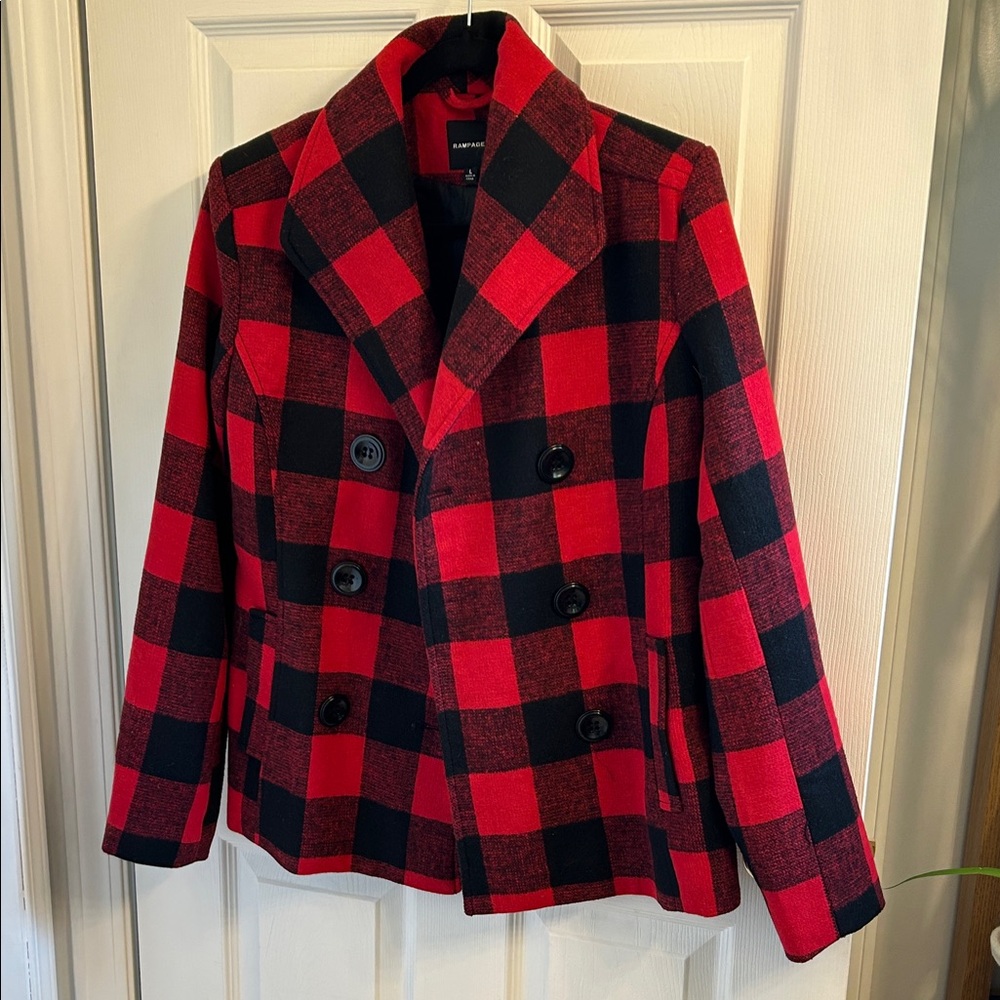 Rampage Red and Black Plaid Pea Coat
